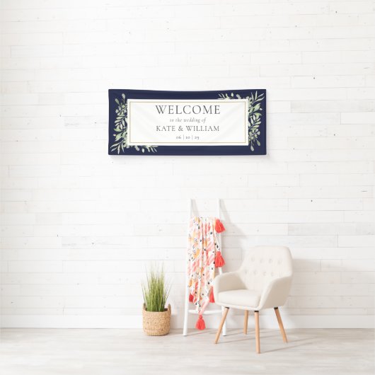 Navy Blue Greenery Foliage Weddenschap Welkom Spandoek (Insitu)