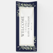 Navy Blue Greenery Foliage Weddenschap Welkom Spandoek (Verticaal)