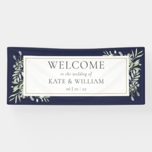 Navy Blue Greenery Foliage Weddenschap Welkom Spandoek
