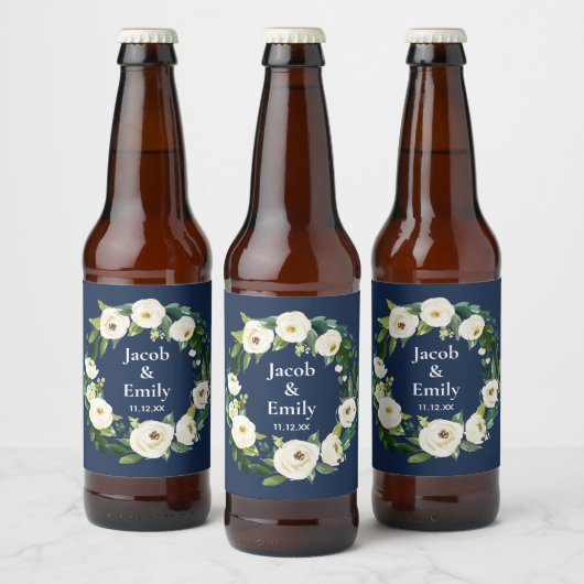 Navy Blue Greenery Gepersonaliseerde Namen Datum H Bier Etiket (Flessen)