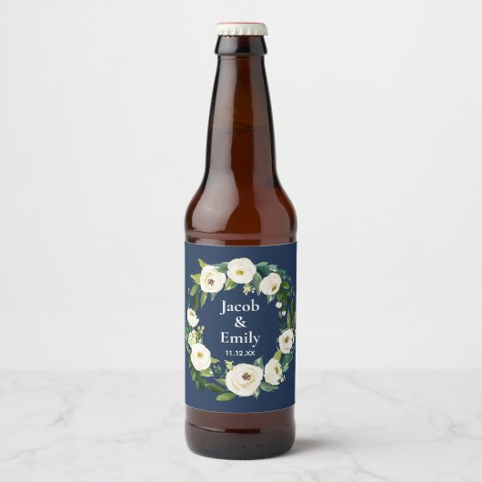Navy Blue Greenery Gepersonaliseerde Namen Datum H Bier Etiket (Voorkant)