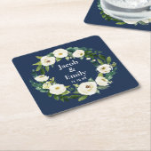 Navy Blue Greenery Gepersonaliseerde Namen Datum H Kartonnen Onderzetters (Schuin)