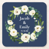 Navy Blue Greenery Gepersonaliseerde Namen Datum H Kartonnen Onderzetters (Voorkant)
