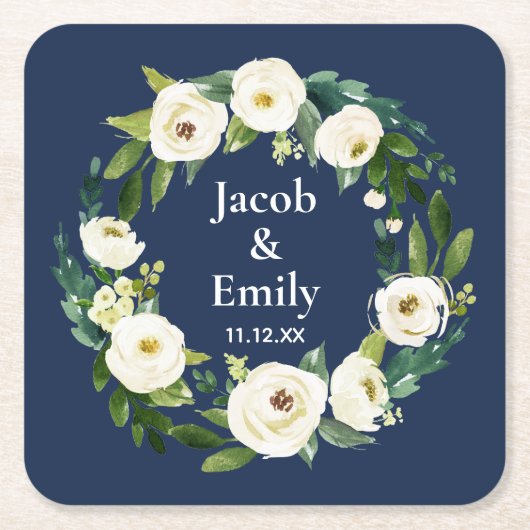 Navy Blue Greenery Gepersonaliseerde Namen Datum H Kartonnen Onderzetters (Voorkant)
