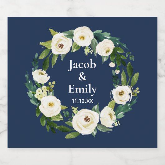 Navy Blue Greenery Gepersonaliseerde Namen Datum H Sparkling Wijnetiket (Enkel label)