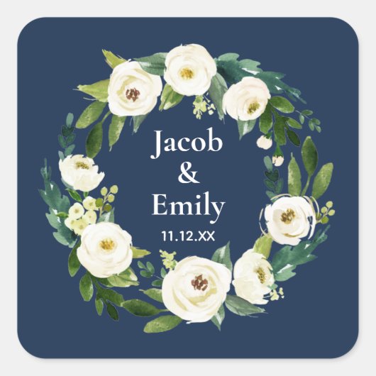 Navy Blue Greenery Gepersonaliseerde Namen Datum H Vierkante Sticker (Voorkant)