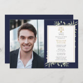 Navy Blue Greenery Law School Graduparty IV Kaart (Voorkant / Achterkant)