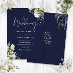 Navy Blue Greenery Leaves Monogram Wedding Kaart<br><div class="desc">Deze elegante botanische groenery verlaat de trouwuitnodiging kan gepersonaliseerd worden met je informatie in de chemische typografie met je monogram initialen aan de achterkant. Ontworpen door: Thisnotme©</div>