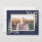 Navy Blue Greenery Memorial Begrafenisfoto Bedankkaart (Achterkant)