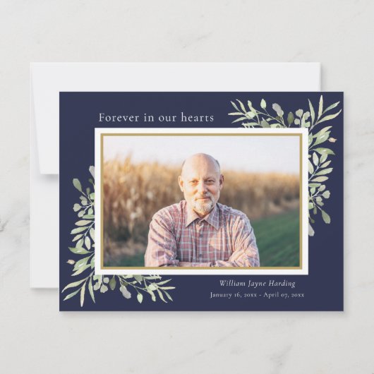 Navy Blue Greenery Memorial Begrafenisfoto Bedankkaart (Achterkant)