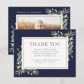 Navy Blue Greenery Memorial Begrafenisfoto Bedankkaart (Voorkant / Achterkant)