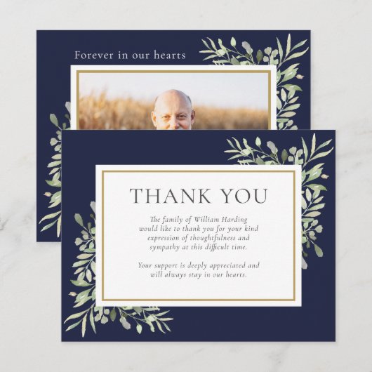 Navy Blue Greenery Memorial Begrafenisfoto Bedankkaart (Voorkant / Achterkant)