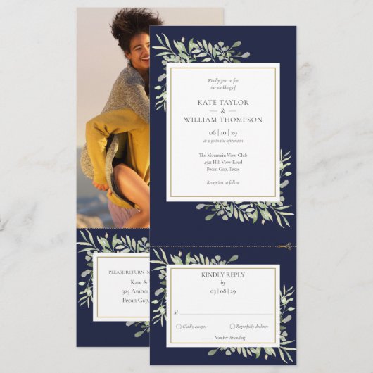 Navy Blue Greenery Modern all in one Photo Wedding Kaart (Voorkant / Achterkant)