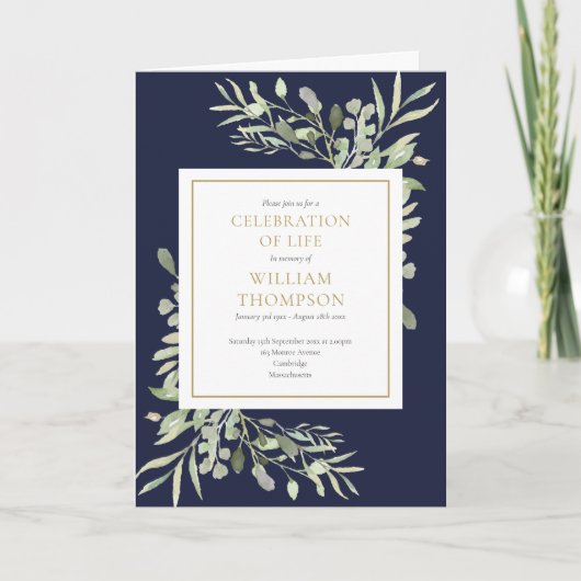 Navy Blue Greenery viering van het leven begrafeni (Voorkant)