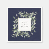 Navy Blue Greenery Waterverf Wedding Servet (Voorkant)