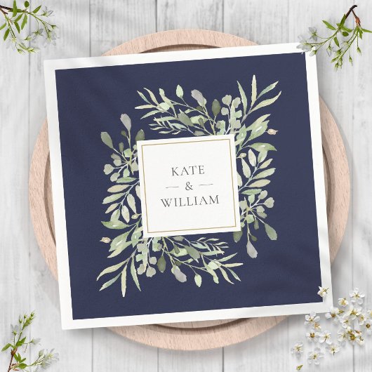 Navy Blue Greenery Waterverf Wedding Servet