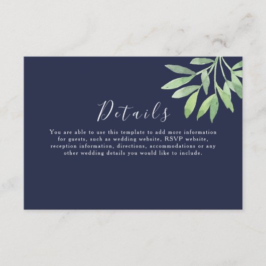 Navy Blue Greenery Wedding Details Informatiekaartje (Voorkant)