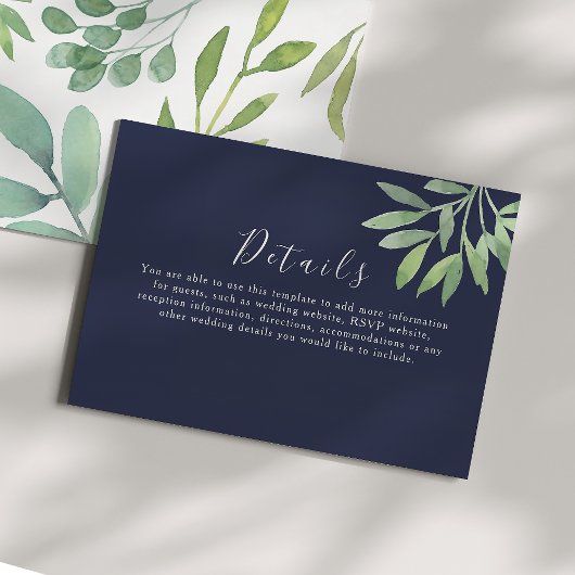 Navy Blue Greenery Wedding Details Informatiekaartje