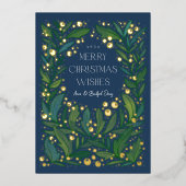 Navy Blue Greenery Wreath Merry Kerstmis Folie Feestdagenkaart (Voorkant)
