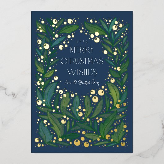 Navy Blue Greenery Wreath Merry Kerstmis Folie Feestdagenkaart (Voorkant)