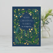 Navy Blue Greenery Wreath Merry Kerstmis Folie Feestdagenkaart (Staand Voorkant)
