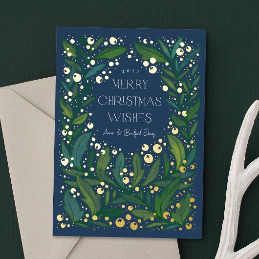 Navy Blue Greenery Wreath Merry Kerstmis Folie Feestdagenkaart