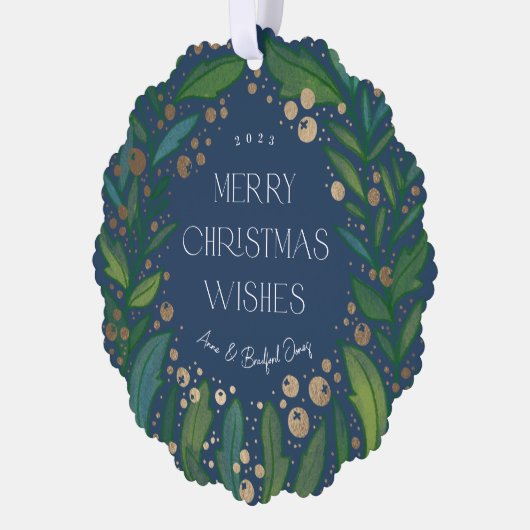 Navy Blue Greenery Wreath Merry Kerstmis Ornament Kaart (Links)