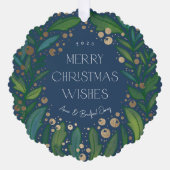 Navy Blue Greenery Wreath Merry Kerstmis Ornament Kaart (Voorkant)