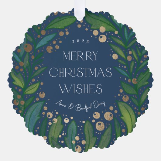 Navy Blue Greenery Wreath Merry Kerstmis Ornament Kaart (Voorkant)