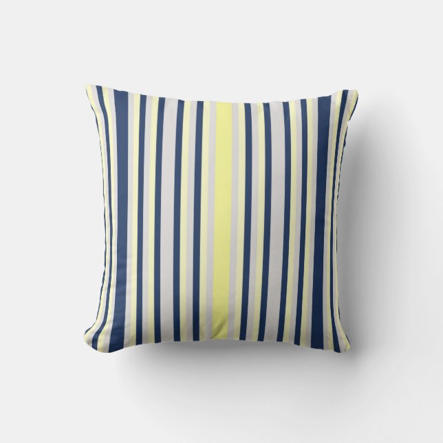 Navy Blue, Grey and Yellow Striped Kussen (Voorkant)