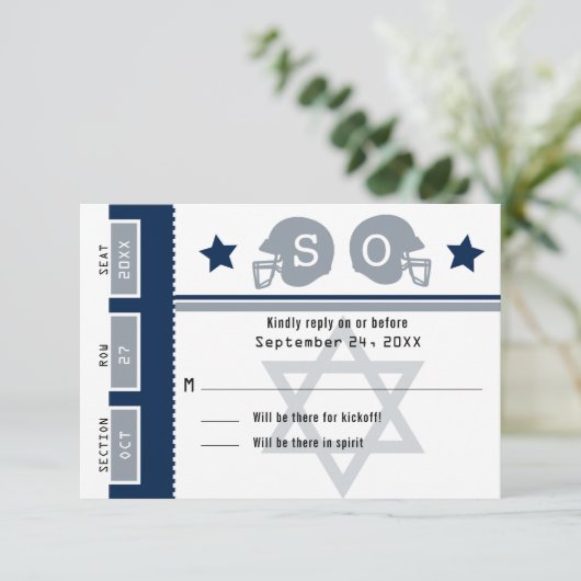 Navy Blue Grey Bar Mitswa Football Ticket RSVP (Staand voorkant)