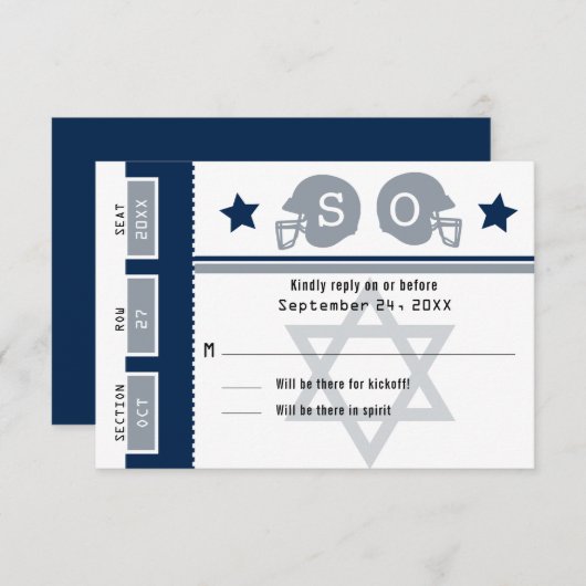 Navy Blue Grey Bar Mitswa Football Ticket RSVP (Voorkant / Achterkant)