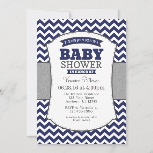 Navy Blue Grey Chevron Baby shower Uitnodiging (Voorkant)