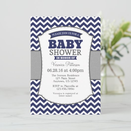 Navy Blue Grey Chevron Baby shower Uitnodiging (Staand voorkant)