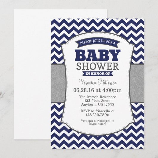 Navy Blue Grey Chevron Baby shower Uitnodiging (Voorkant / Achterkant)