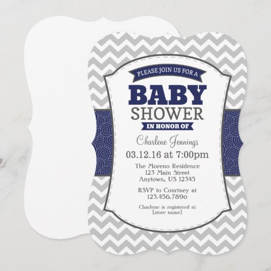 Navy Blue Grey Chevron Baby shower Uitnodiging (Voorkant / Achterkant)