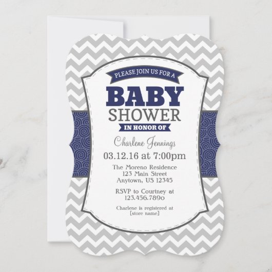 Navy Blue Grey Chevron Baby shower Uitnodiging (Voorkant)