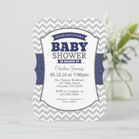 Navy Blue Grey Chevron Baby shower Uitnodiging (Staand voorkant)