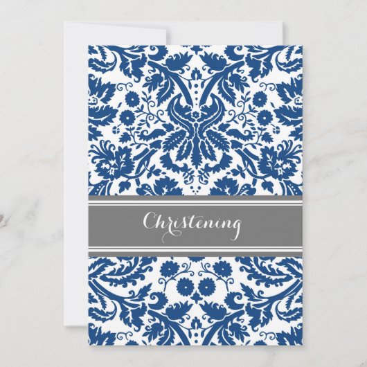 Navy Blue Grey Damask doopuitnodiging Kaart (Voorkant)