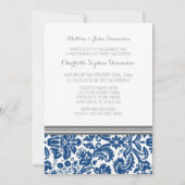 Navy Blue Grey Damask doopuitnodiging Kaart (Achterkant)