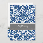 Navy Blue Grey Damask doopuitnodiging Kaart (Voorkant / Achterkant)
