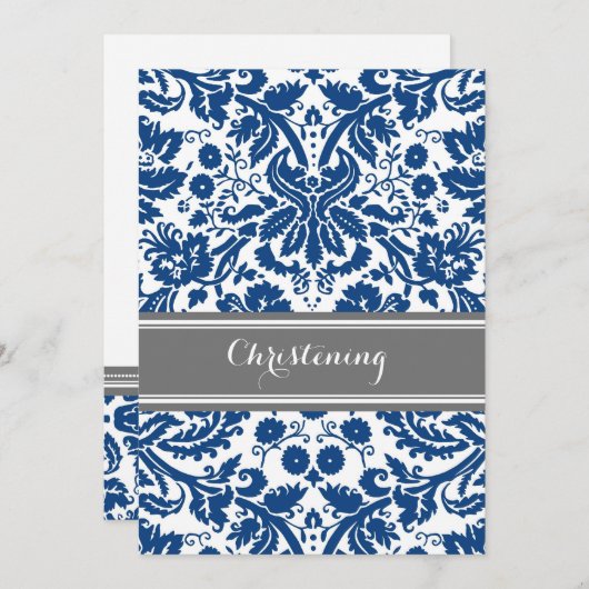 Navy Blue Grey Damask doopuitnodiging Kaart (Voorkant / Achterkant)