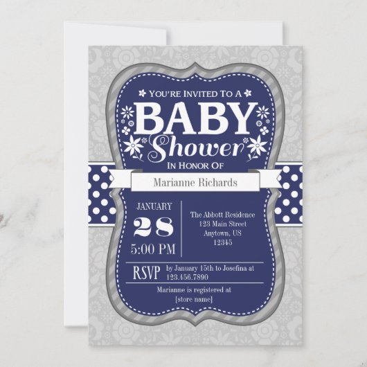 Navy Blue Grey Floral Baby shower Invitation Kaart (Voorkant)