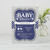 Navy Blue Grey Floral Baby shower Invitation Kaart (Staand voorkant)