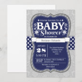 Navy Blue Grey Floral Baby shower Invitation Kaart (Voorkant / Achterkant)
