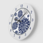 Navy Blue Grey Flower Graphic Grote Klok (Hoek)
