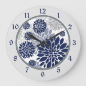 Navy Blue Grey Flower Graphic Grote Klok (Voorkant)