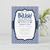 Navy Blue Grey Herringbone Baby Shower Uitnodiging (Staand voorkant)