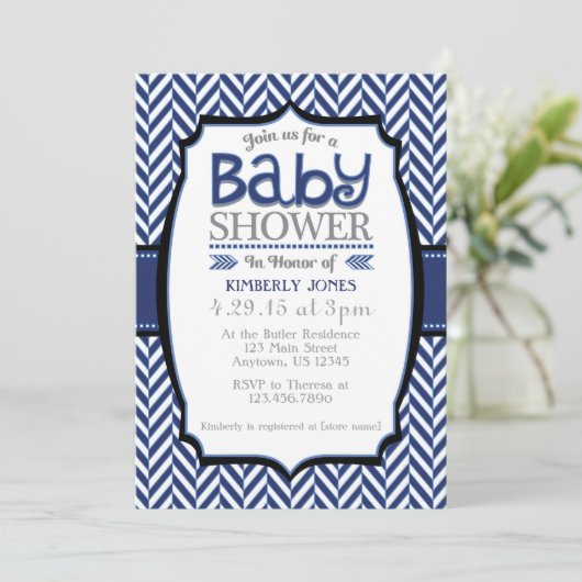Navy Blue Grey Herringbone Baby Shower Uitnodiging (Staand voorkant)