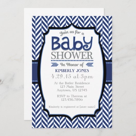 Navy Blue Grey Herringbone Baby Shower Uitnodiging (Voorkant / Achterkant)